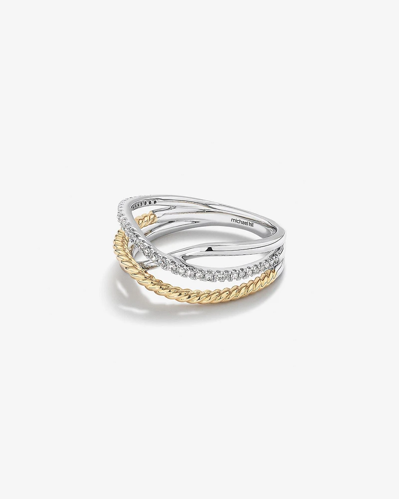 Crossover Wrap Ring with .15 Carat TW Diamonds in Sterling Silver and 10kt Yellow Gold