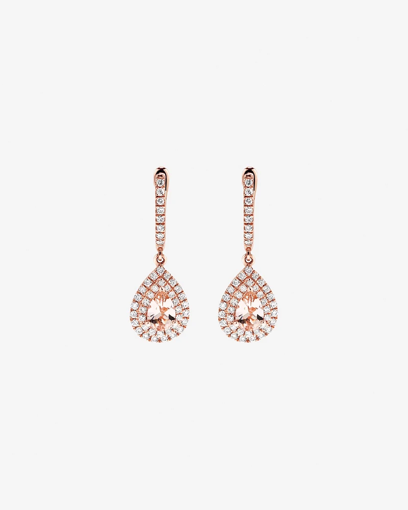 Pear Cut Morganite Gemstone and 0.40 Carat TW Diamond Halo Huggie Drop Earrings in 10kt Rose Gold