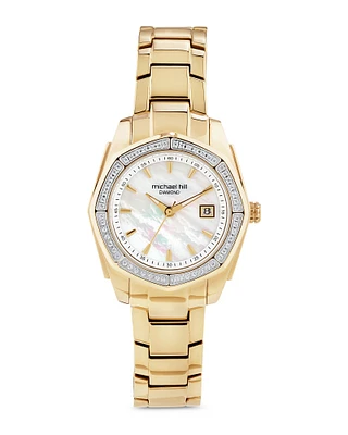 Montre en acier inoxydable doré avec nacre et diamants totalisant 0,25 ct pour femme