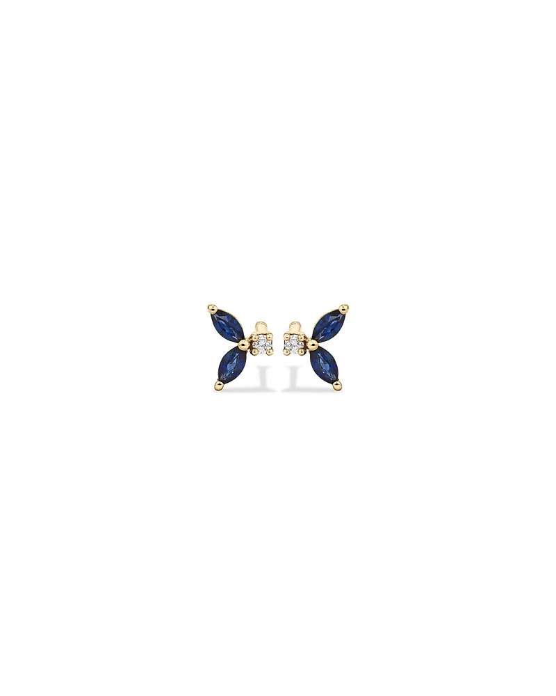 Round Diamond and Marquise Blue Sapphire Gemstone Stud Earrings in 10kt Yellow Gold