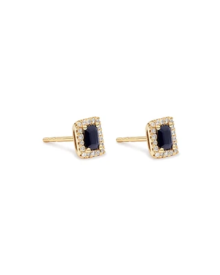 Emerald Cut Blue Sapphire Gemstone and 0.10 Carat TW Diamond Halo Stud Earrings in 10kt Yellow Gold