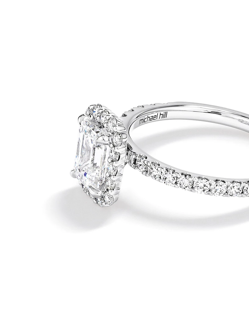 1.78 Carat TW Emerald Cut Laboratory-Grown Diamond Halo Engagement Ring in 14kt White Gold