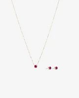 Round Cut Red Created Ruby and Lab-Grown Diamond Halo Stud Earrings and Pendant Necklace Set in 10kt Yellow & Rhodium