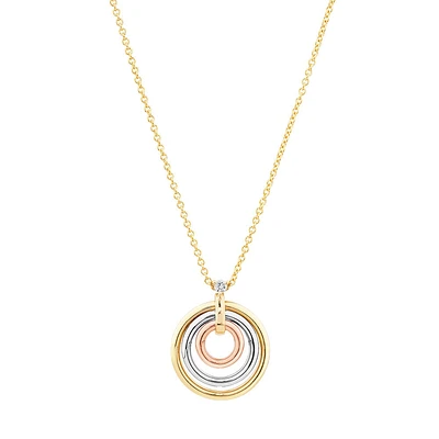 Diamond Accent Tri Tone Circle Pendant in 10kt Yellow, Rose and White Gold