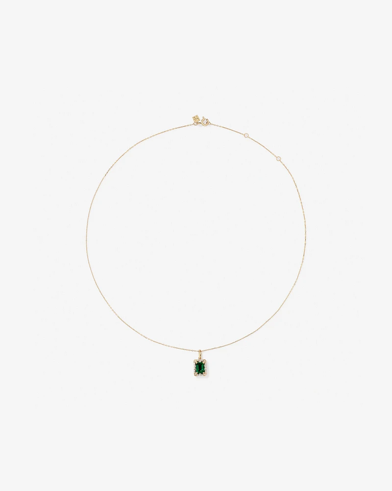 Emerald Cut Created Emerald and Diamond Halo Pendant Necklace in 10kt Yellow Gold