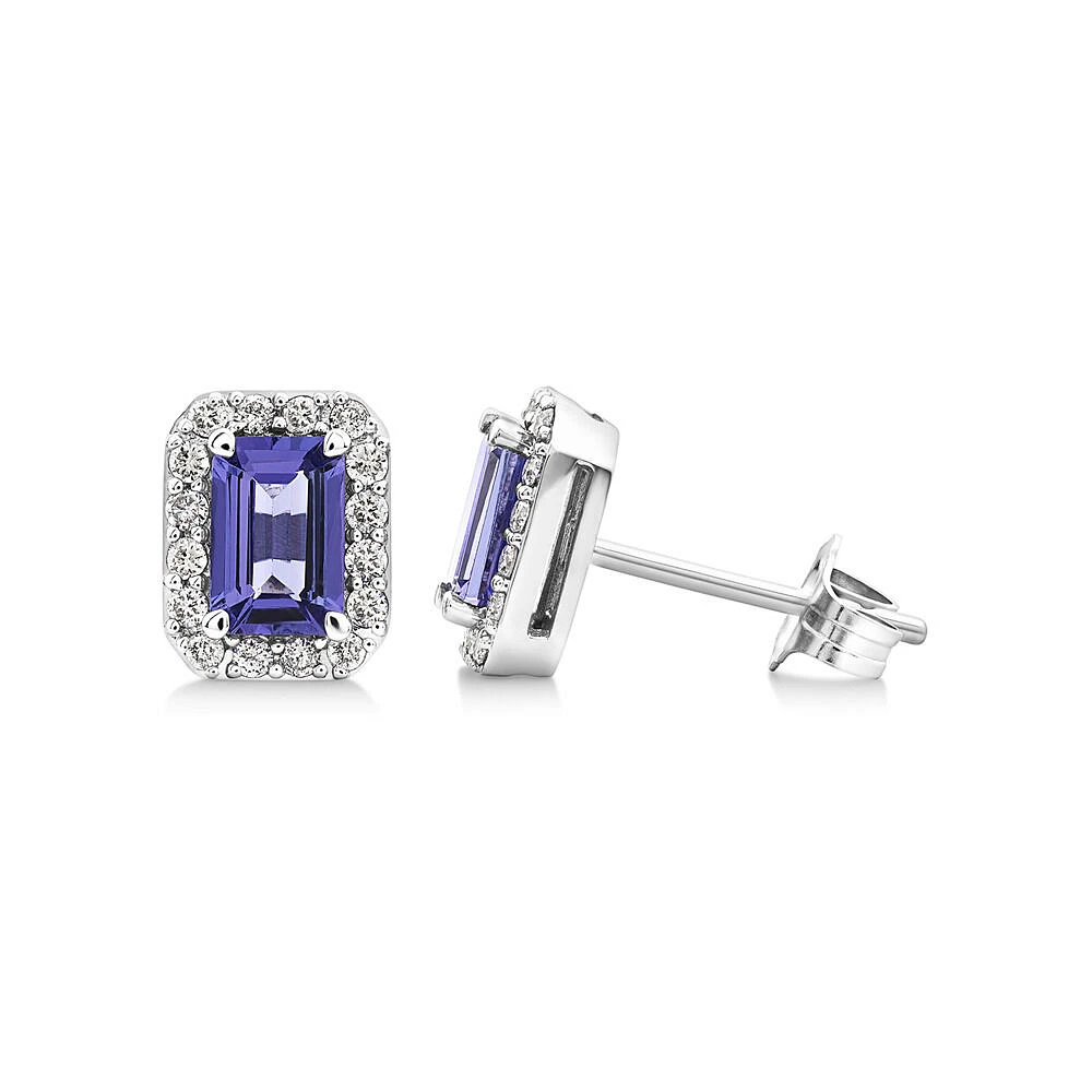 Halo Stud Earrings with Tanzanite & 0.25 Carat TW of Diamonds in 14kt White Gold