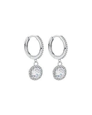 Round Brilliant Cubic Zirconia Halo Drop Hoop Earrings in Sterling Silver