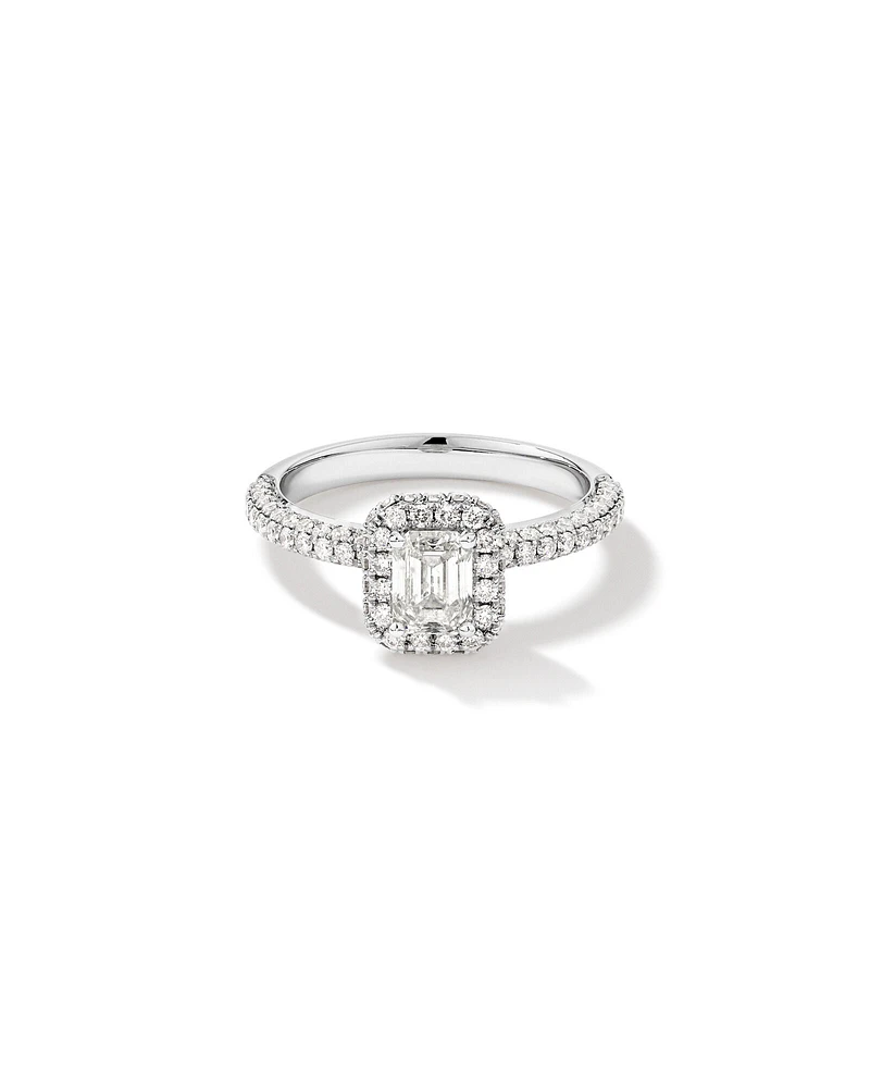 1.30 Carat TW Emerald Cut Diamond Pave Halo Engagement Ring in Platinum