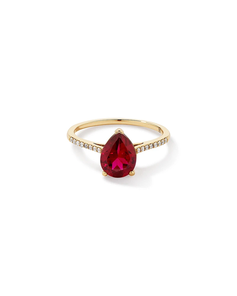 Bague Avec Pierre Précieuse Rubis Créée Rouge De Taille Poire Et Diamants En Or Jaune 10Ct