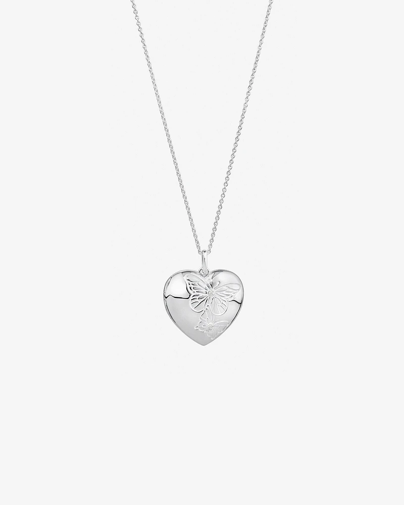 Engraved Heart Butterfly Locket With Chain in Sterling Silver