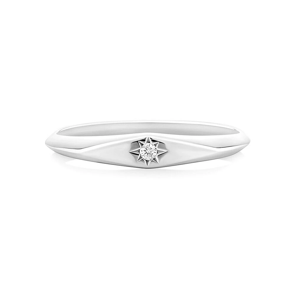 Diamond Star Accent Narrow Signet Ring Sterling Silver