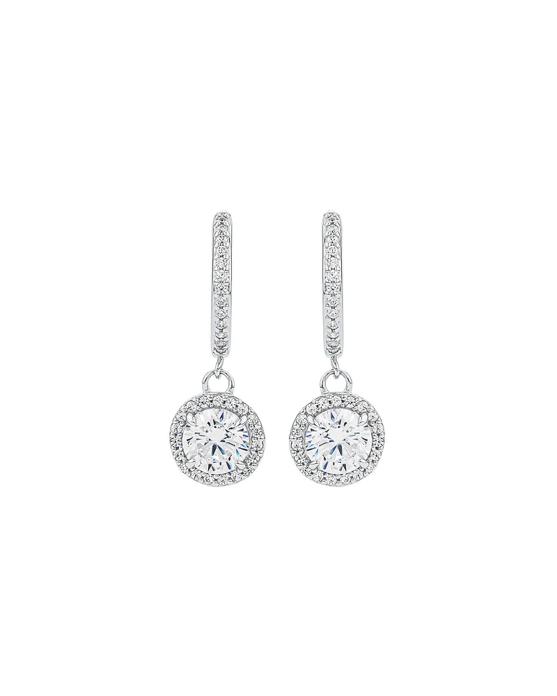 Round Brilliant Cubic Zirconia Halo Drop Hoop Earrings in Sterling Silver