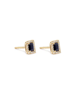 Emerald Cut Blue Sapphire Gemstone and 0.10 Carat TW Diamond Halo Stud Earrings in 10kt Yellow Gold