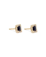 Emerald Cut Blue Sapphire Gemstone and 0.10 Carat TW Diamond Halo Stud Earrings in 10kt Yellow Gold