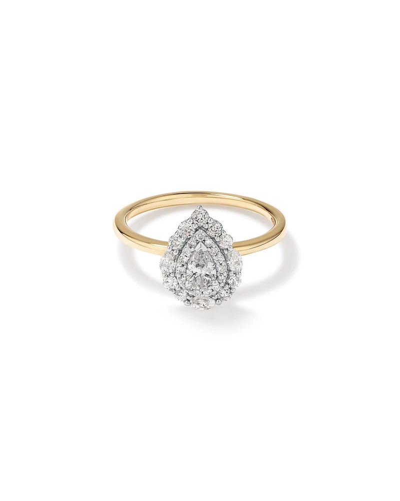 0.67 Carat TW Pear Cut Diamond Marquise and Round Brilliant Halo Engagement Ring in 14kt Yellow and White Gold