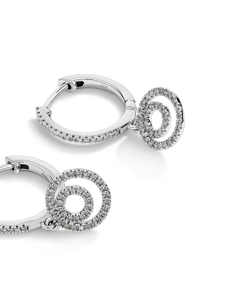 Fine Double Circle Diamond Drop Huggie Earrings in Sterling Silver