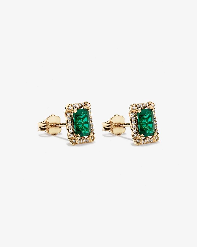 Emerald Cut Created Emerald and Diamond Halo Stud Earrings in 10kt Yellow Gold