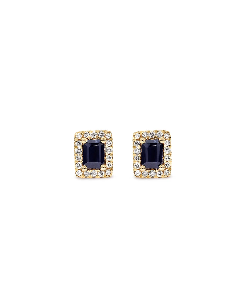 Emerald Cut Blue Sapphire Gemstone and 0.10 Carat TW Diamond Halo Stud Earrings in 10kt Yellow Gold