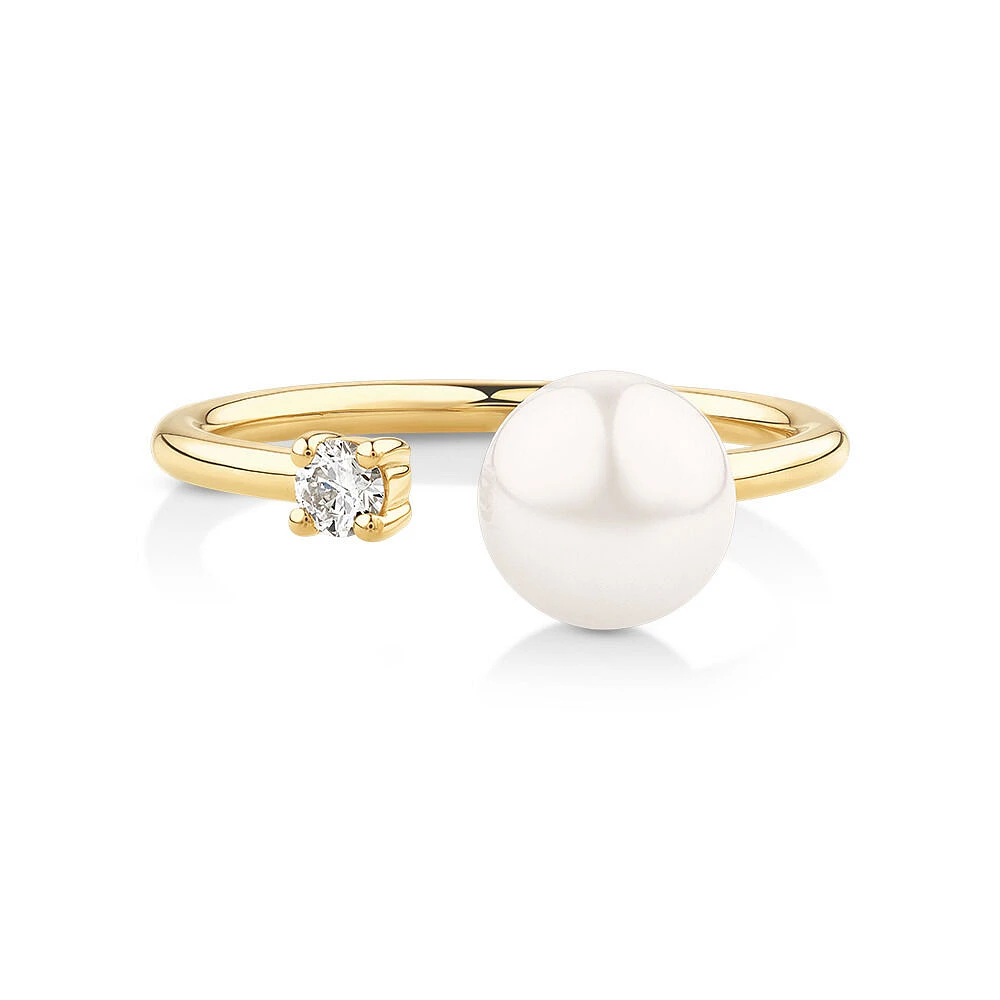 Cultured Freshwater Pearl and Diamond Open Ring in 10kt Yellow Gold