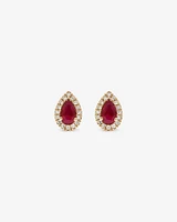 Pear Cut Red Ruby Gemstone and 0.09 Carat TW Diamond Halo Stud Earrings in 10kt Yellow Gold