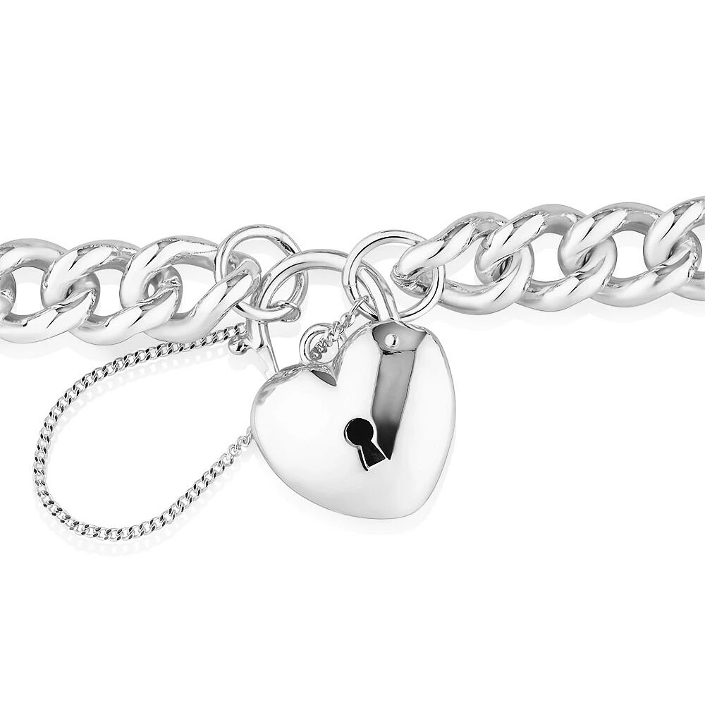 19cm (7.5") Heart Padlock Curb Bracelet in Sterling Silver