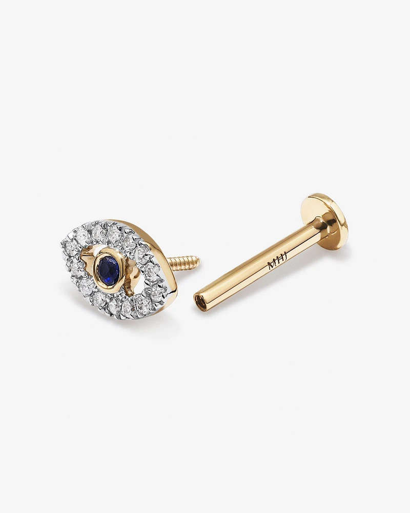 Diamond & Sapphire Evil Eye Flat Back Helix Stud Earring in 10kt Yellow Gold