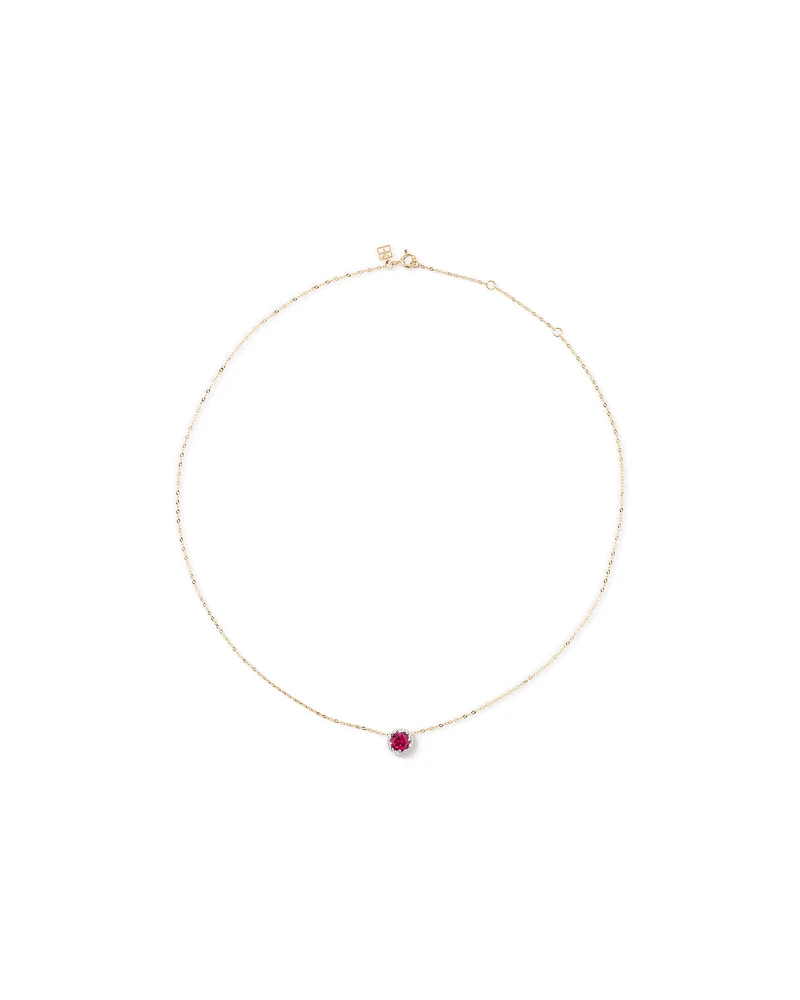 Round Cut Red Created Ruby and Lab-Grown Diamond Halo Stud Earrings and Pendant Necklace Set in 10kt Yellow & Rhodium