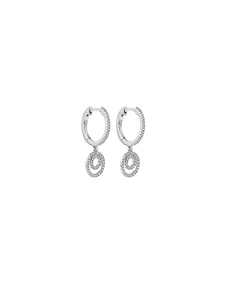 Fine Double Circle Diamond Drop Huggie Earrings in Sterling Silver