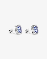 Emerald Cut Blue Tanzanite Gemstone and 0.25Carat TW Diamond Halo Stud Earrings in 14kt White Gold