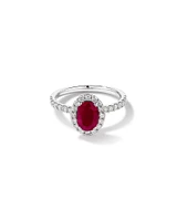 Oval Cut Red Ruby Gemstone and 0.60 Carat TW Diamond Halo Ring in 14kt White Gold