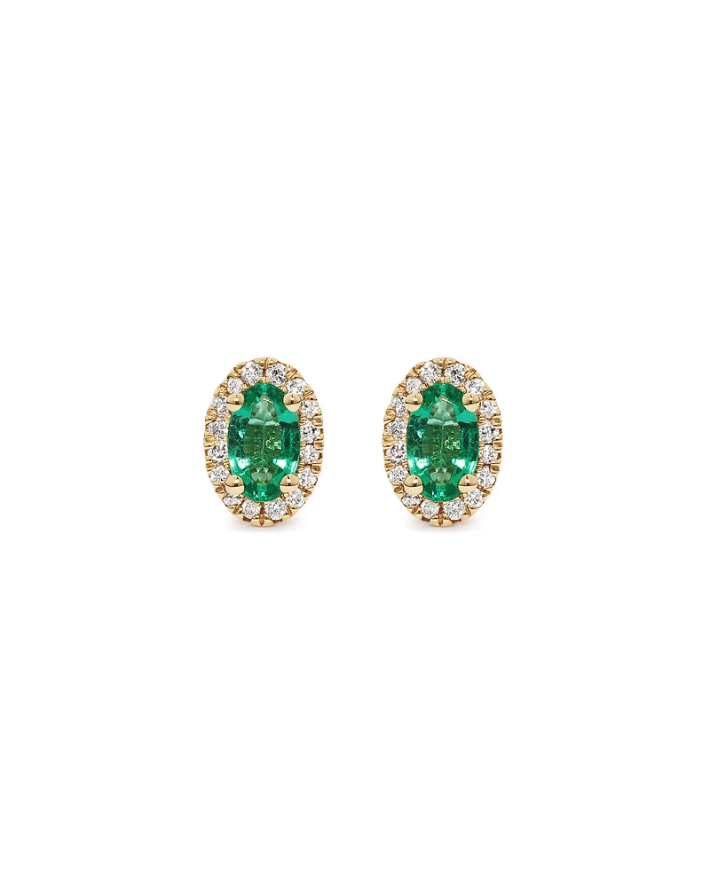 Oval Cut Green Emerald Gemstone and 0.09 Carat TW Diamond Halo Stud Earrings in 10kt Yellow Gold