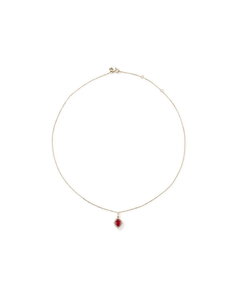 Oval Cut Created Ruby and Diamond Halo Pendant Necklace in 10kt Yellow Gold