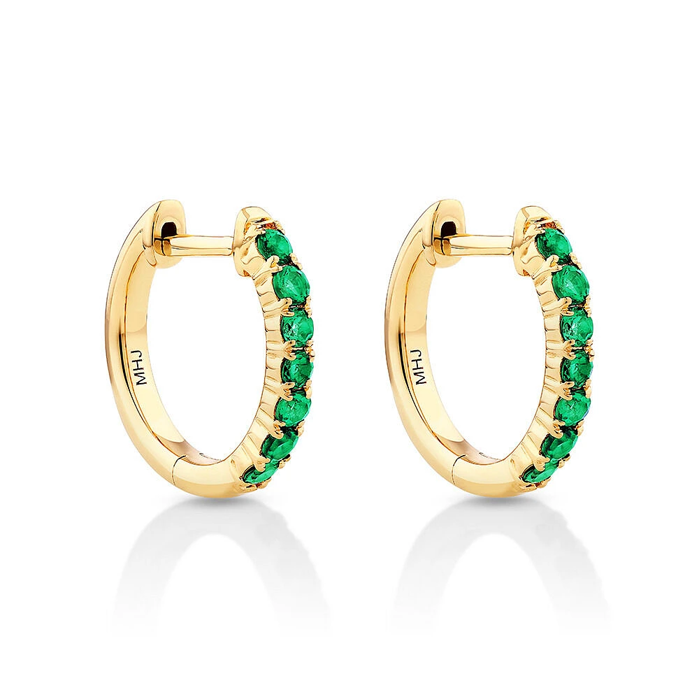 Huggie Earrings with Emerald in 10kt Yellow Gold