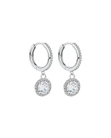 Round Brilliant Cubic Zirconia Halo Drop Hoop Earrings in Sterling Silver