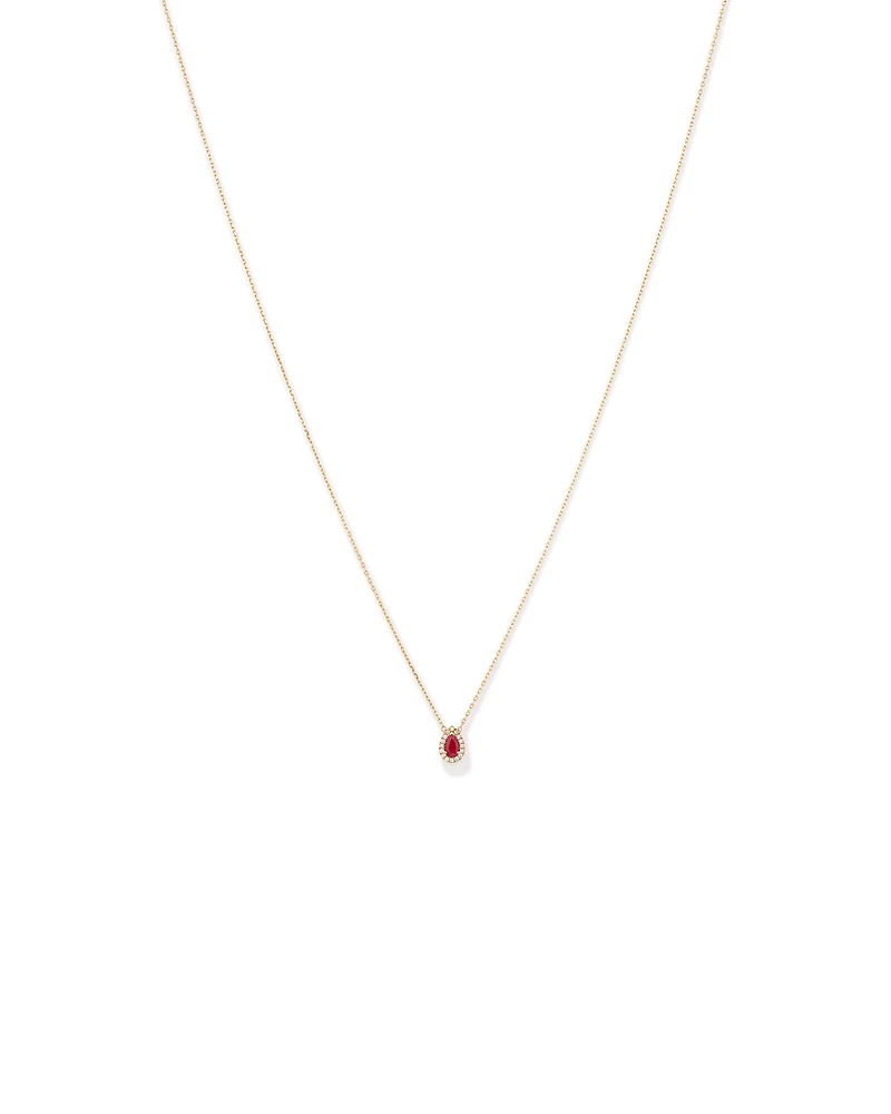 Pear Cut Red Ruby Gemstone and 0.05 Carat TW Diamond Halo Necklace in 10kt Yellow Gold