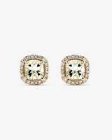 Cushion Cut Green Amethyst Gemstone and 0.32 Carat TW Diamond Halo Stud Earrings in 10kt Yellow Gold