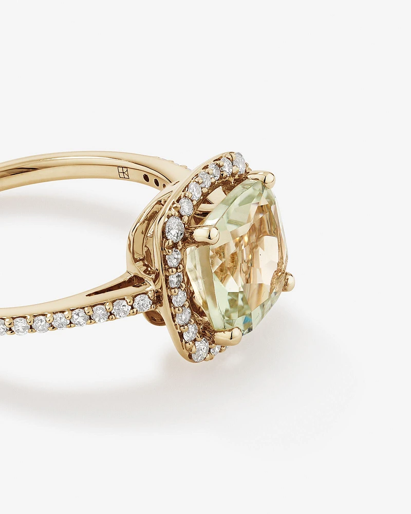 Cushion Cut Green Amethyst Gemstone and 0.25 Carat TW Diamond Halo Ring in 10kt Yellow Gold