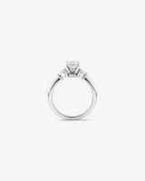 1.10 Carat TW Three Stone Oval and Pear Hidden Halo Engagement Ring in Platinum