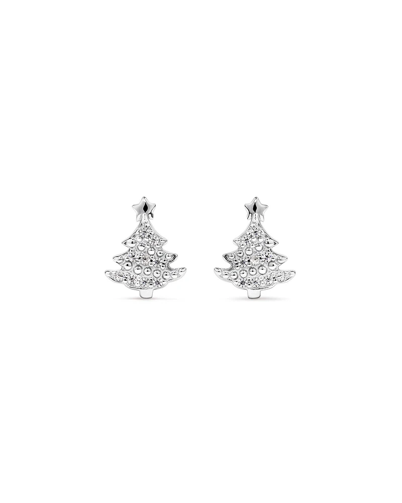 Cubic Zirconia Christmas Tree Stud Earrings in Sterling Silver