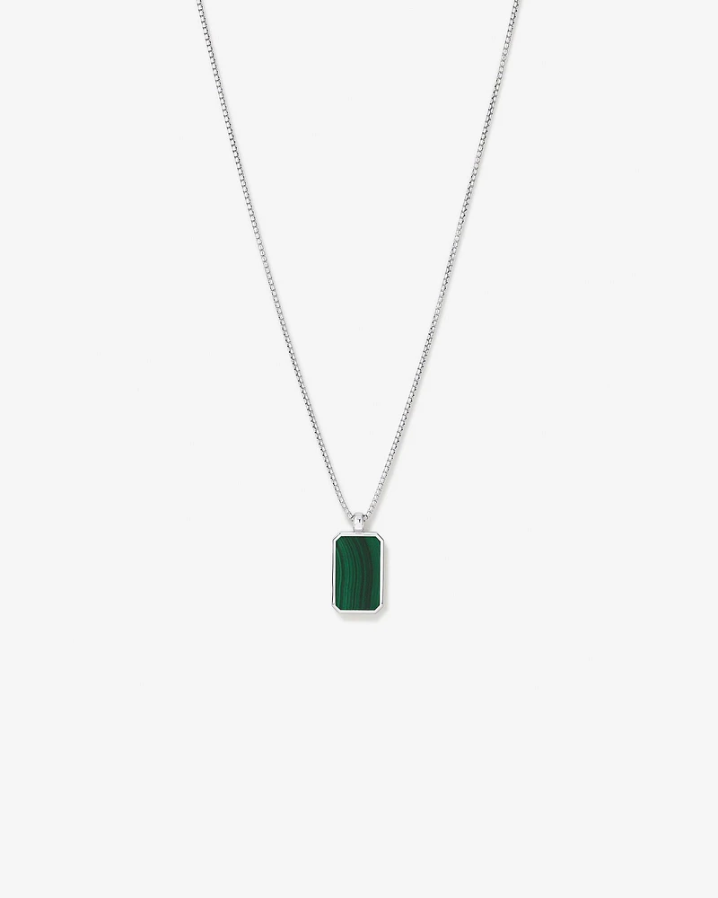 Rectangle Green Malachite Gemstone Pendant Chain Necklace in Sterling Silver