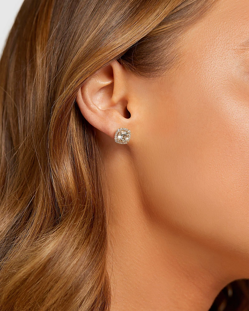 Halo Stud Earrings with Green Amethyst & 0.32 Carat TW of Diamonds in 10kt Yellow Gold