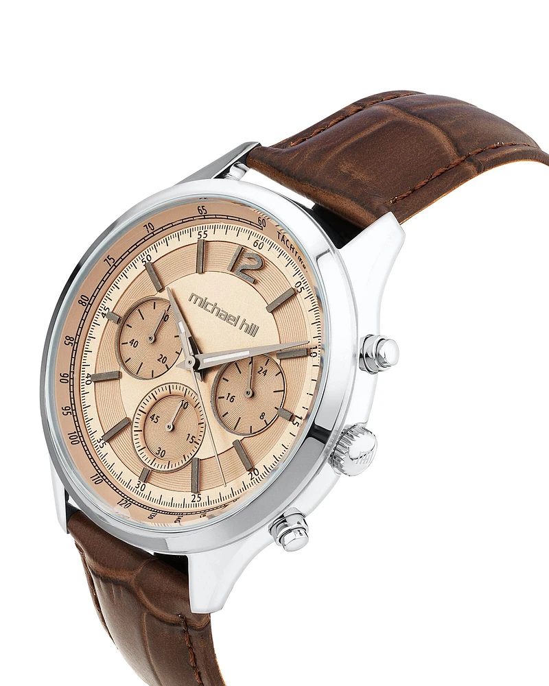 Men's Chronograph Watch in Stainless Steel & Brown Leather