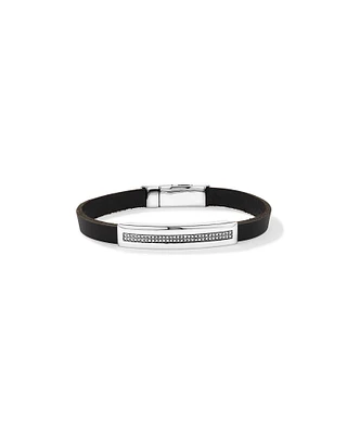 Bracelet Homme en Cuir & Argent 21cm avec 0,40 Carat TW de Diamants Noirs