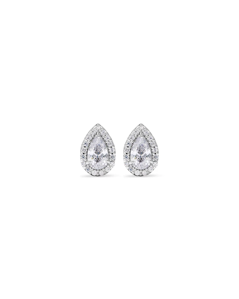 Pear Cubic Zirconia Halo Stud Earrings in Sterling Silver