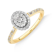 0.75 Carat TW Oval Shaped Cluster Engagement Ring and Wedding Ring Bridal Set in 14kt White and Yellow Gold
