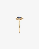 Pear Cut Created Sapphire and Diamond Halo Ring in 10kt Yellow Gold