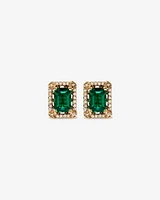 Emerald Cut Created Emerald and Diamond Halo Stud Earrings in 10kt Yellow Gold