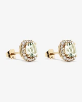 Cushion Cut Green Amethyst Gemstone and 0.32 Carat TW Diamond Halo Stud Earrings in 10kt Yellow Gold