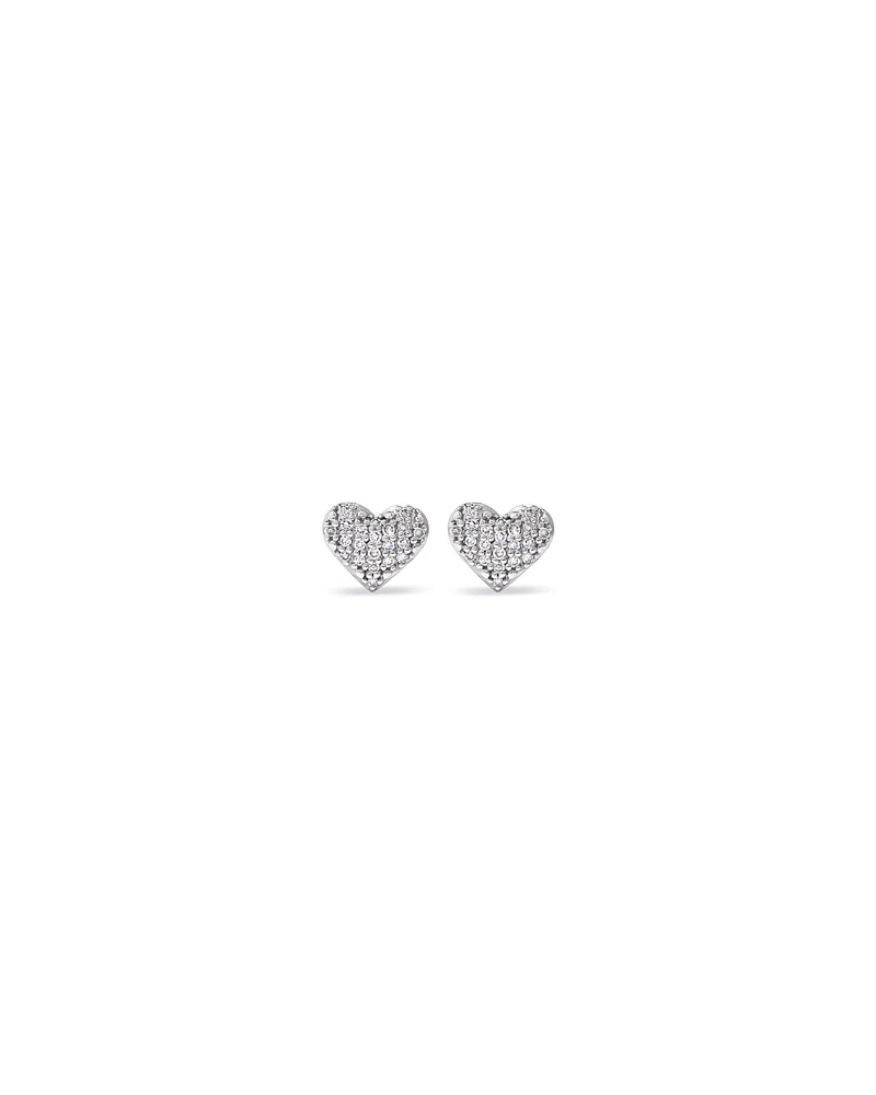 Fine Pave Diamond Heart Stud Earrings in Sterling Silver