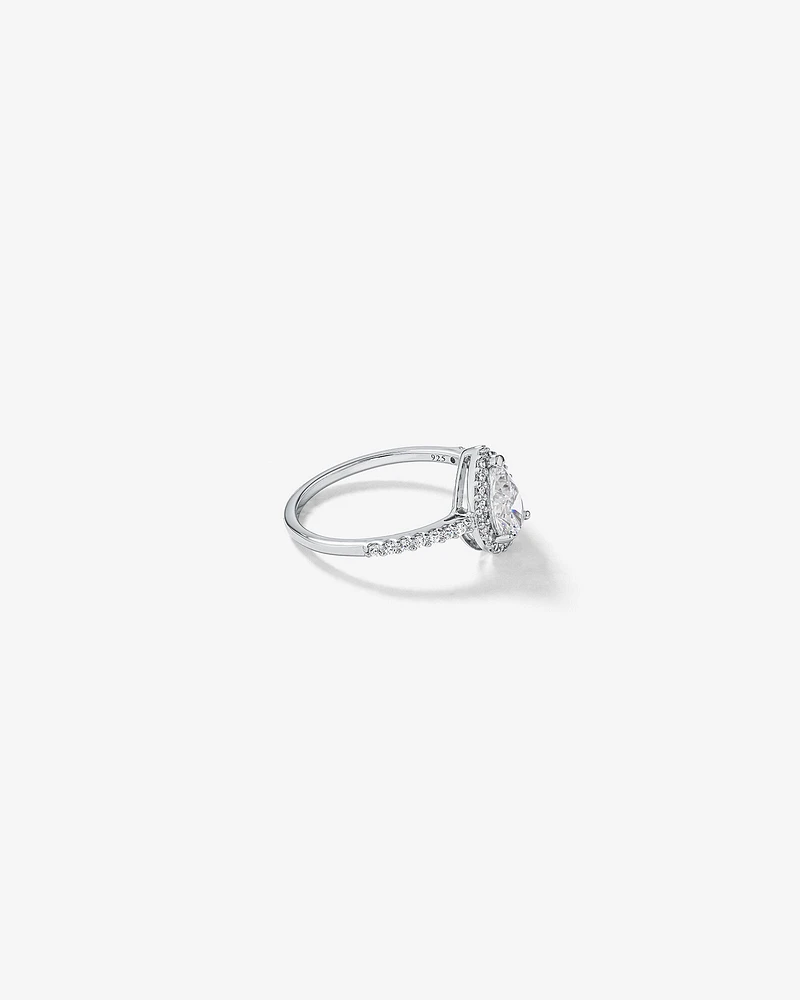 Pear Shaped Cubic Zirconia Halo and Side Accent Ring in Sterling Silver